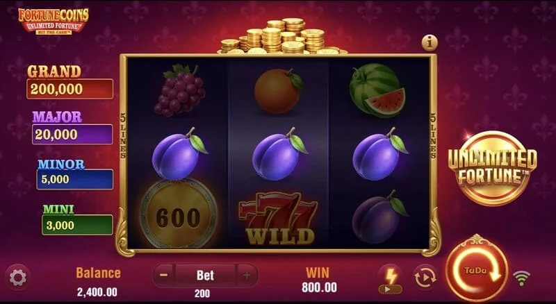 Fortune Coins Unlimited Fortune - βασικό πλέγμα 3x3 με σύμβολα φρούτων